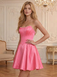 Strapless Pearl Trim Boned Corset Satin A-Line Homecoming Dress