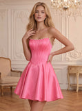 Strapless Pearl Trim Boned Corset Satin A-Line Homecoming Dress