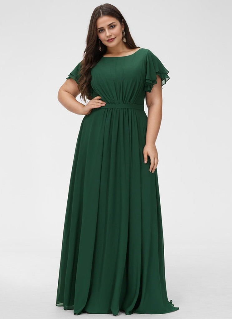 A-line Scoop Floor-Length Chiffon Bridesmaid Dress With Ruffle RoseProm A-line Scoop Floor-Length Chiffon Bridesmaid Dress With Ruffle RoseProm