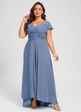 Plus Size A-line V-Neck Asymmetrical Chiffon Bridesmaid Dress With Ruffle