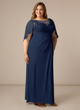 Plus Size Scoop Neck Illusion Lace Applique Chiffon Cape Sleeve Ruched A-Line Mother of the Bride Dress