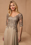 Stretch Mesh Special Occasion Dress with Beaded Metallic Lace Appliqués
