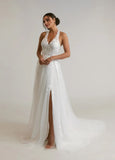 A-Line Halter Sequins Tulle Lace Wedding Dress