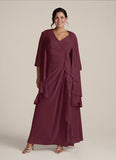 Plus Size 2-Piece V-Neck Crossover Ruched Chiffon Mother of the Bride Dress with 3/4 Sleeve Jacket & Cascade Ruffle