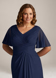 V-Neck Flutter Sleeve Ruched Chiffon A-Line Mother of the Bride Dress