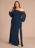 Plus Size One Shoulder Lantern Sleeve Side Ruched Front Slit Chiffon Evening Dress