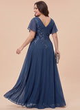 V-Neck Flutter Sleeve Sequin Floral Embroidered Chiffon A-Line Mother of the Bride Dress