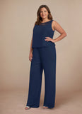 Plus Size 3-Piece Beaded Scoop Neck Chiffon Lace Mother of the Bride Pant Suit with Jacket