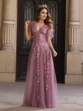 V Neck Ruffle Sleeves Sequin Maxi Long Evening Dress