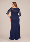 Plus Size Scoop Neck Illusion Lace Applique 3/4 Sleeve Diagonal Ruched Sheath Mother of the Bride Dress
