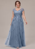 V-Neck Cap Sleeve Allover Rose Lace Applique Tulle A-Line Mother of the Bride Dress