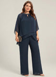 2-Piece Beaded Jewel Neck Batwing Sleeve Tiered Chiffon Pantsuit