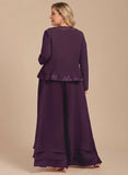 Plus Size 3-Piece Square Neck Sequin Embroidered Camisole Top, Long Sleeve Embroidered Jacket & Double-Tiered Wide-Leg Pants Mother of the Bride Pantsuit