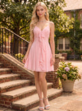 Spaghetti Strap V-Neck Bow Tie Front Ruffle Cascade Chiffon A-Line Mini Dress