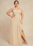 A-line V-Neck Floor-Length Lace Chiffon Mother of the Bride Dress With Cascading Ruffles