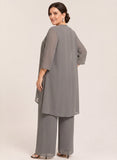 3-Piece Beaded Scoop Neck Scallop Lace Hem Sleeveless Top, 3/4 Sleeve Asymmetric Chiffon Jacket & Wide-Leg Pants Mother of the Bride Pantsuit