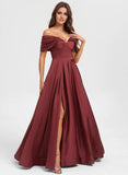 A-line Off the Shoulder Floor-Length Matte Satin Prom Dresses With Pleated