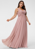 Plus Size A-line V-Neck Floor-Length Chiffon Bridesmaid Dress With Pleated