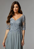Stretch Mesh Special Occasion Dress with Beaded Metallic Lace Appliqués