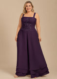 3-Piece Square Neck Beaded Floral Camisole Top, Long Sleeve Chiffon Jacket & Tiered Wide-Leg Pants Mother of the Bride Pantsuit