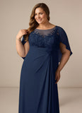 Plus Size Scoop Neck Illusion Lace Applique Chiffon Cape Sleeve Ruched A-Line Mother of the Bride Dress