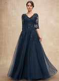 A-line V-Neck Floor-Length Tulle Lace Mother of the Bride Dress With Sequins