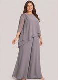Plus Size Bateau Neck Beaded Shoulder 3/4 Sleeve Double-Tiered Asymmetric Chiffon Top & Wide-Leg Pants Mother of the Bride Pantsuit