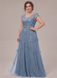 V-Neck Cap Sleeve Allover Rose Lace Applique Tulle A-Line Mother of the Bride Dress