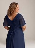 Plus Size V-Neck Flutter Sleeve Ruched Chiffon Mother of the Bride Dress