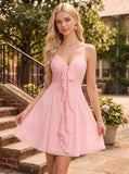 Spaghetti Strap V-Neck Bow Tie Front Ruffle Cascade Chiffon A-Line Mini Dress