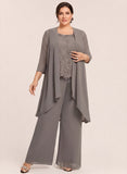 3-Piece Beaded Scoop Neck Scallop Lace Hem Sleeveless Top, 3/4 Sleeve Asymmetric Chiffon Jacket & Wide-Leg Pants Mother of the Bride Pantsuit