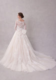Illusion Boat neck long sleeves Wedding Gown with Back Bow