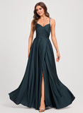 A-line V-Neck Floor-Length Matte Satin Prom Dresses With Pleated