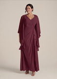 2-Piece V-Neck Cascade Ruffle Chiffon Mother of the Bride Dress with 3/4 Sleeve Jacket