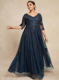 Plus Size A-line V-Neck Floor-Length Tulle Lace Mother of the Bride Dress With Sequins