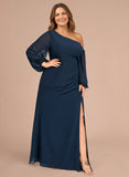 One Shoulder Lantern Sleeve Ruched Waist Side Slit Chiffon Evening Dress
