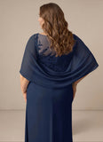 Plus Size Scoop Neck Illusion Lace Applique Chiffon Cape Sleeve Ruched A-Line Mother of the Bride Dress