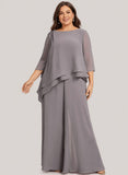 2-Piece Boat Neck 3/4 Sleeve Beaded Shoulder Asymmetric Tiered Chiffon Pantsuit
