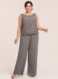 3-Piece Beaded Scoop Neck Scallop Lace Hem Sleeveless Top, 3/4 Sleeve Asymmetric Chiffon Jacket & Wide-Leg Pants Mother of the Bride Pantsuit