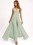 Jumpsuit/Pantsuit V-Neck Floor-Length Chiffon Bridesmaid Dress With Ruffle