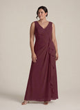 Plus Size 2-Piece V-Neck Crossover Ruched Chiffon Mother of the Bride Dress with 3/4 Sleeve Jacket & Cascade Ruffle