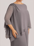 Plus Size Bateau Neck Beaded Shoulder 3/4 Sleeve Double-Tiered Asymmetric Chiffon Top & Wide-Leg Pants Mother of the Bride Pantsuit