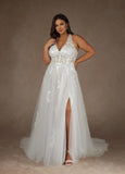 A-Line Halter Sequins Tulle Lace Wedding Dress