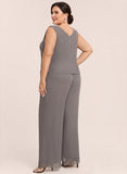 3-Piece Beaded Scoop Neck Scallop Lace Hem Sleeveless Top, 3/4 Sleeve Asymmetric Chiffon Jacket & Wide-Leg Pants Mother of the Bride Pantsuit