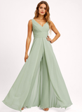 Jumpsuit/Pantsuit V-Neck Floor-Length Chiffon Bridesmaid Dress With Ruffle