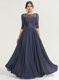 A-line Scoop Illusion Floor-Length Lace Chiffon Mother of the Bride Dress With Pleated Sequins