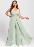 Jumpsuit/Pantsuit V-Neck Floor-Length Chiffon Bridesmaid Dress With Ruffle