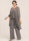 Plus Size 3-Piece Beaded Jewel Neck Allover Floral Embroidered Scallop Hem Sleeveless Top, 3/4 Sleeve Asymmetric Chiffon Jacket & Wide-Leg Pants Mother of the Bride Pantsuit