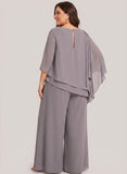 Plus Size Bateau Neck Beaded Shoulder 3/4 Sleeve Double-Tiered Asymmetric Chiffon Top & Wide-Leg Pants Mother of the Bride Pantsuit