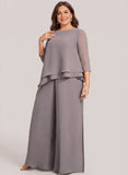 Plus Size Bateau Neck Beaded Shoulder 3/4 Sleeve Double-Tiered Asymmetric Chiffon Top & Wide-Leg Pants Mother of the Bride Pantsuit